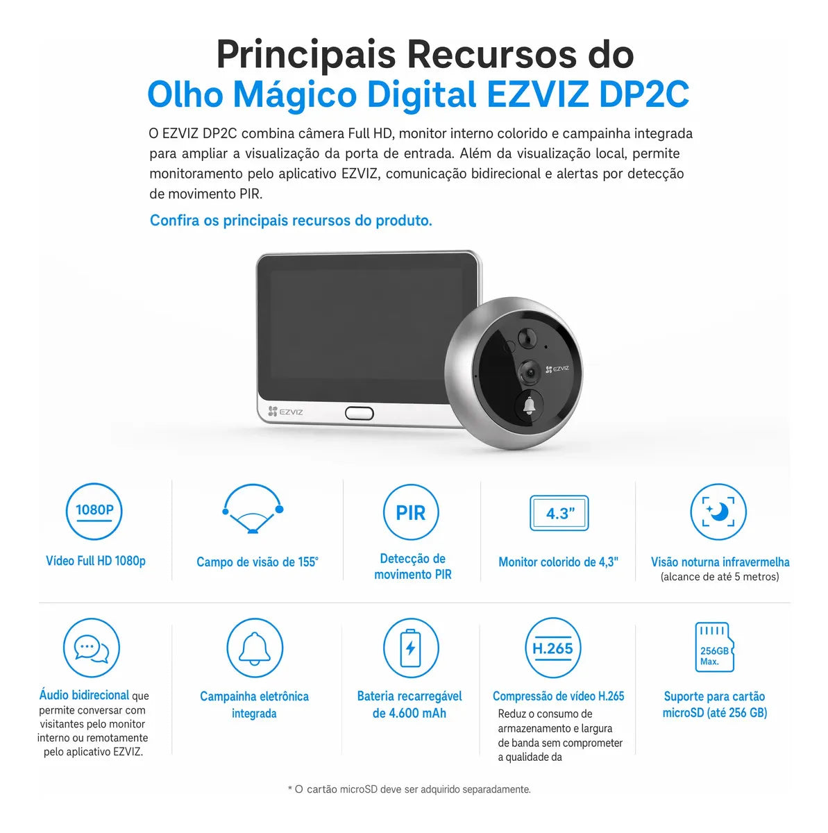 Vídeo Porteiro EZVIZ DP2C — Olho Mágico Digital Full HD 4,3"