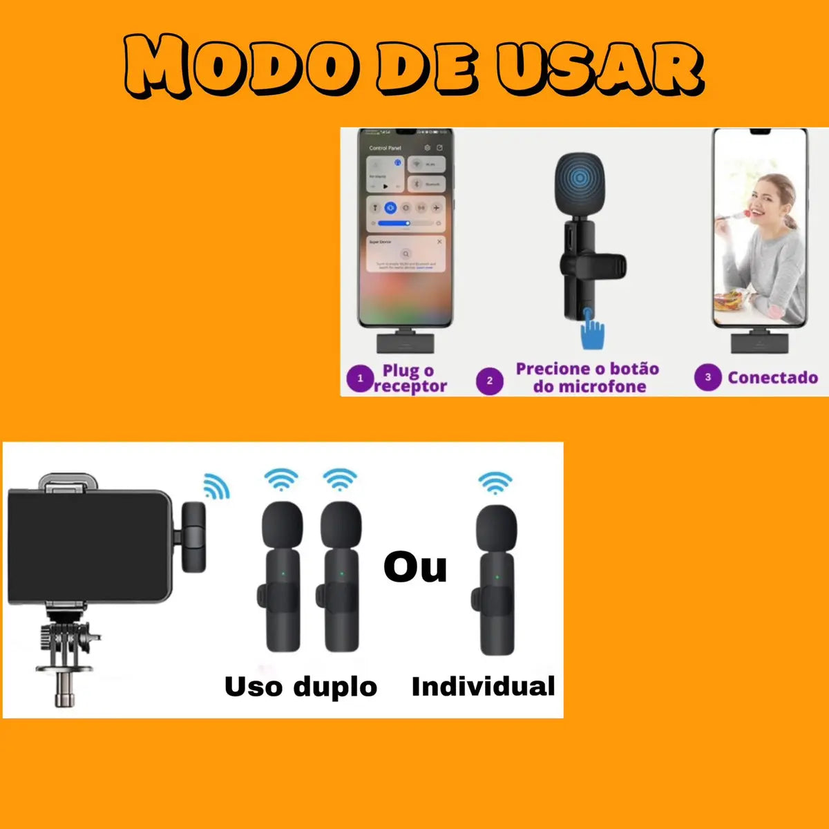 Microfone de Lapela Sem Fio Duplo — USB-C para Android e iPhone
